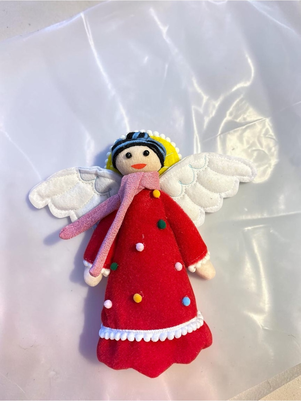 Handcrafted Red Angel Ornament with White Wings and Pink Scarf